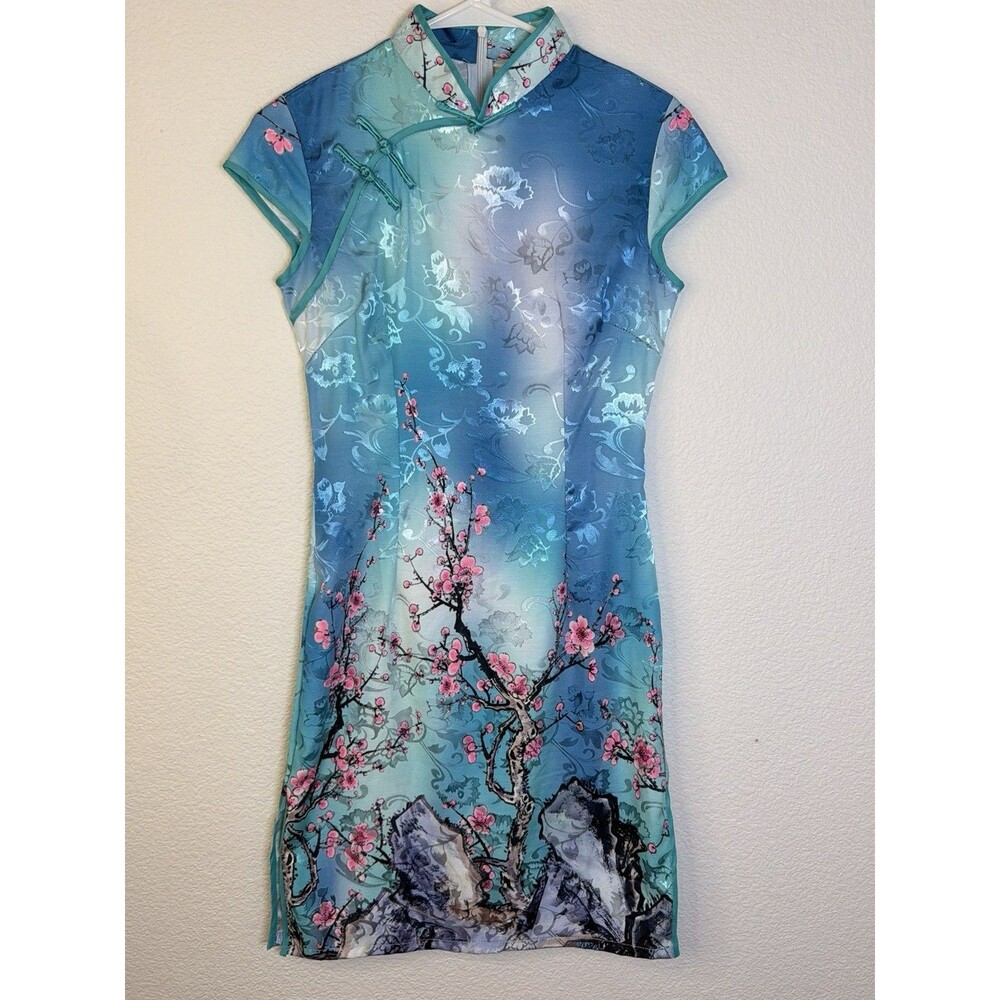 Cheongsam Qipao Dress M Turquoise Blue Floral Mandarin Collar Halloween Party